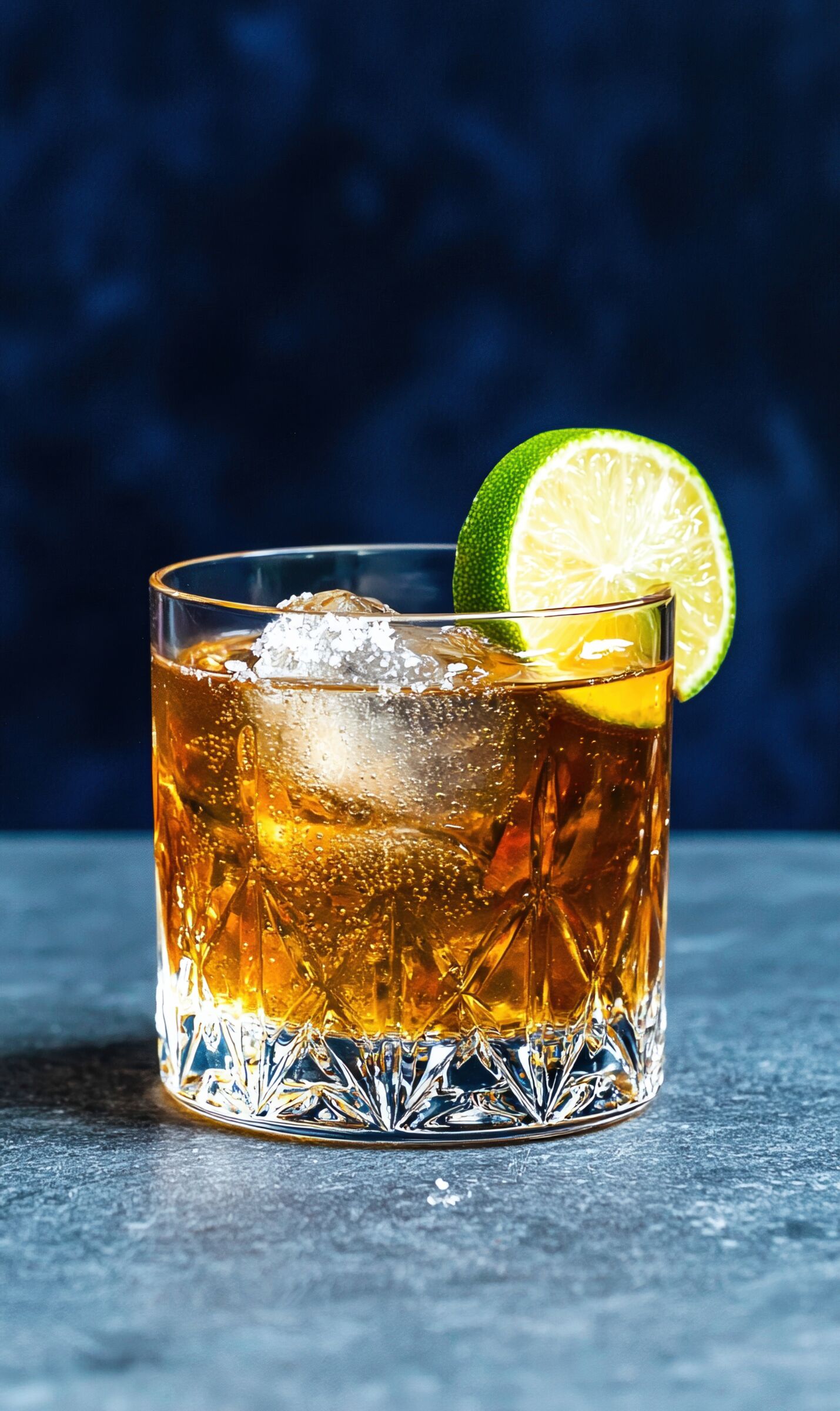 Glass of reposado tequila with lime on the rim.