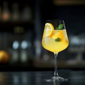 Tulip glass with a lemon vodka cocktail.