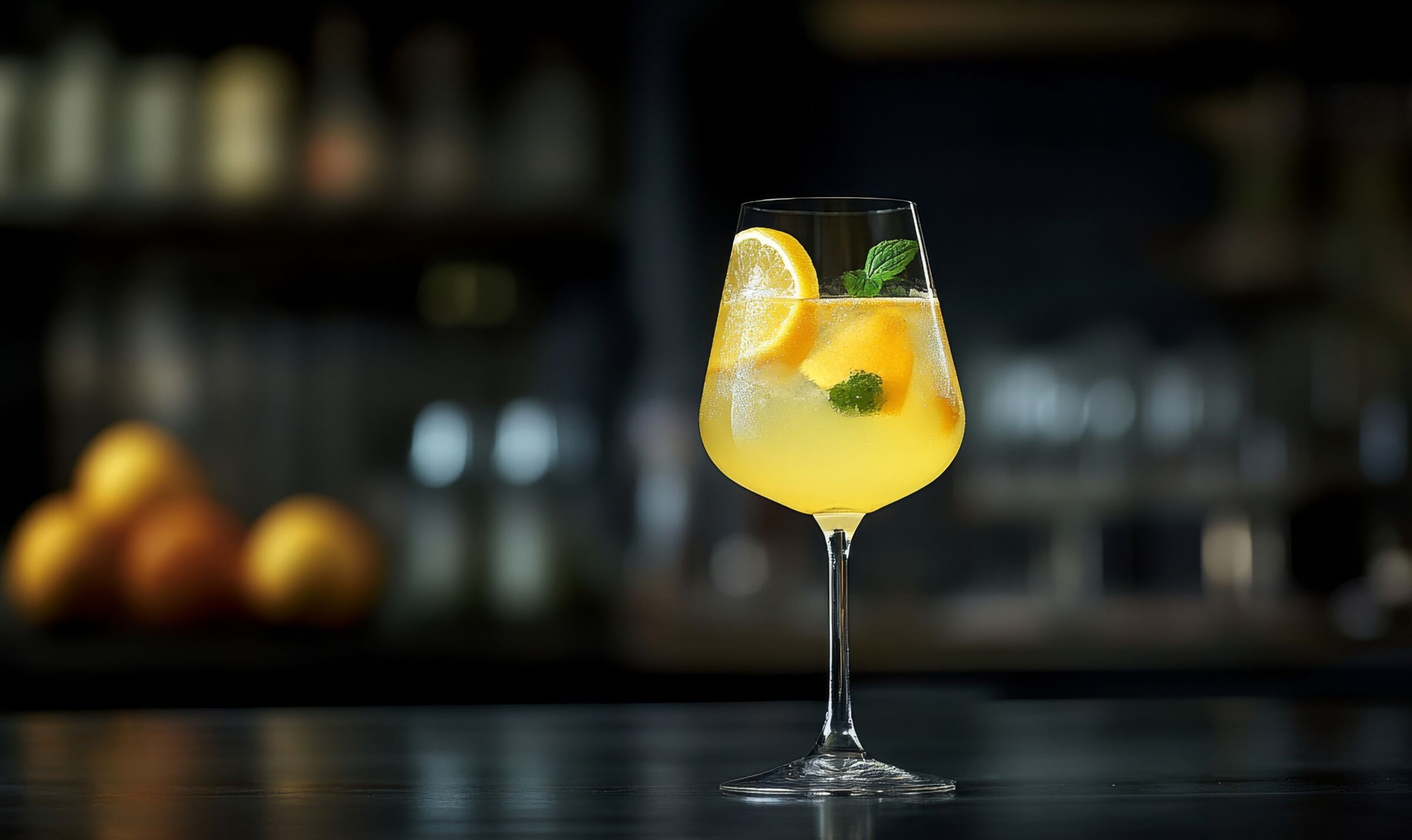 Tulip glass with a lemon vodka cocktail.