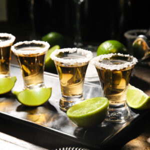 Shots of Reposado Tequila lined up on a bar with lime wedges.