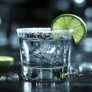 A glass of clear tequila on the rocks with a lime wedge and salt on the rim.
