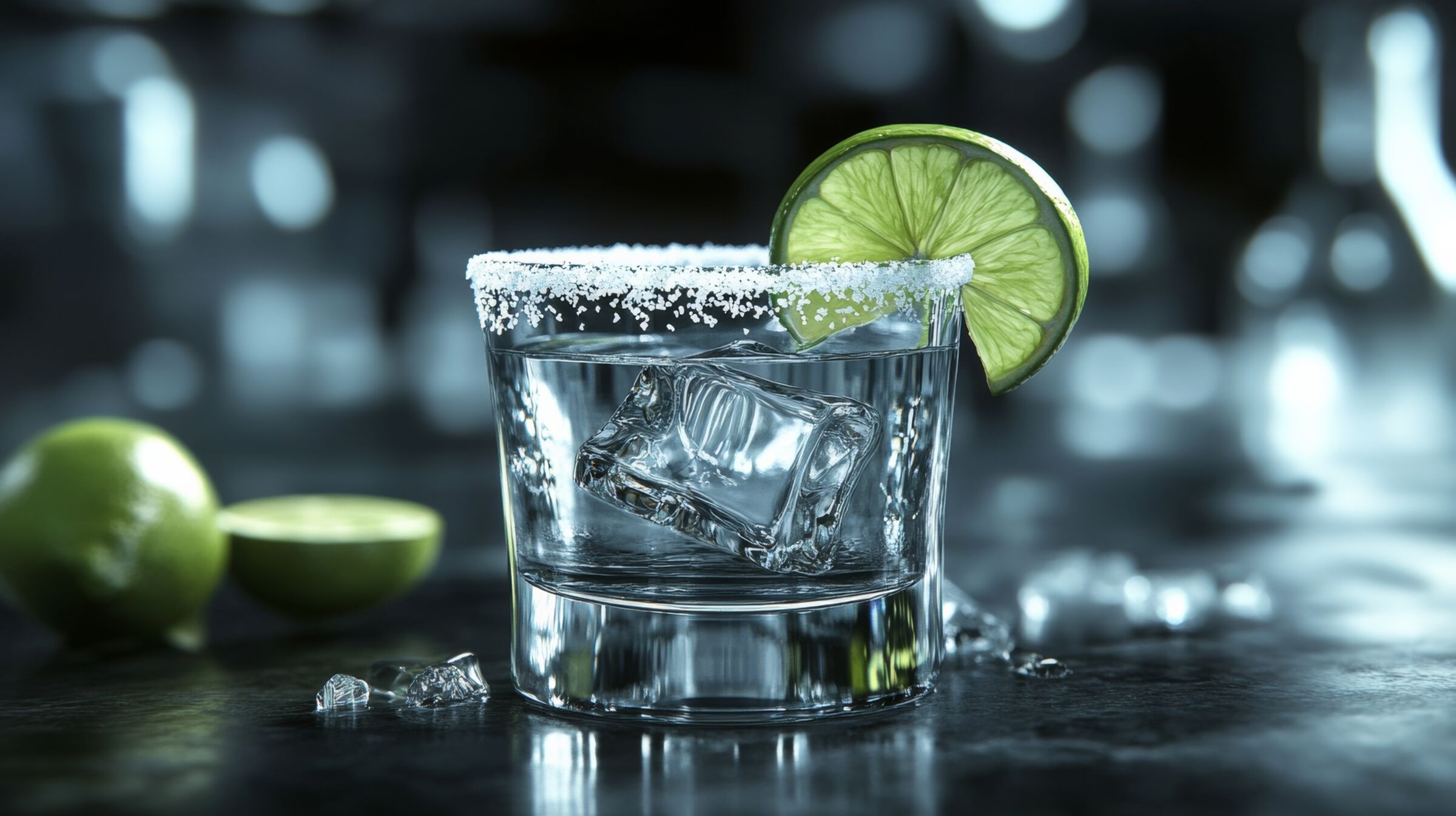 A glass of clear tequila on the rocks with a lime wedge and salt on the rim.