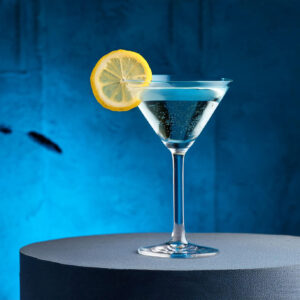 A Vodka martini with a slice of lemon.