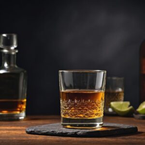 A glass of añejo tequila, neat, on a smooth, dark wooden surface.