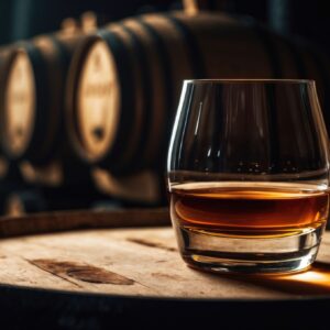 A glass of whiskey sitting on top of an aging barrel.