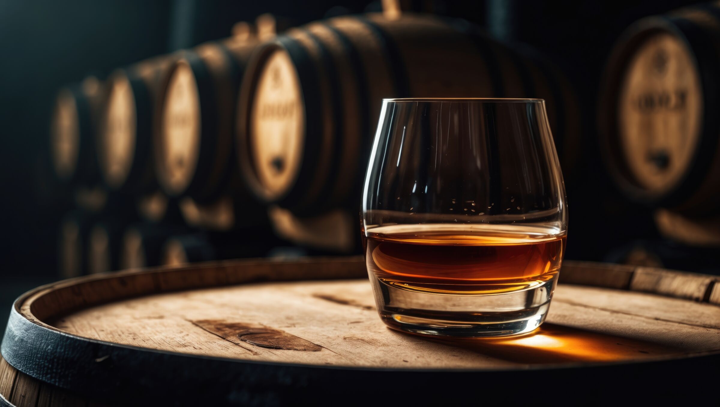 A glass of whiskey sitting on top of an aging barrel.