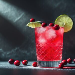 A cranberry cocktail with a lime garnish