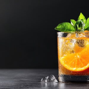 Whiskey glass with an orange slice and an herb garnish