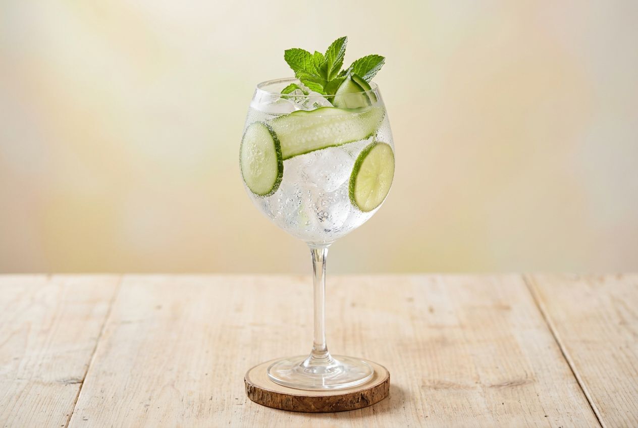 Balloon glass filled with cucumber mint gin and tonic recipe from Greensboro ABC