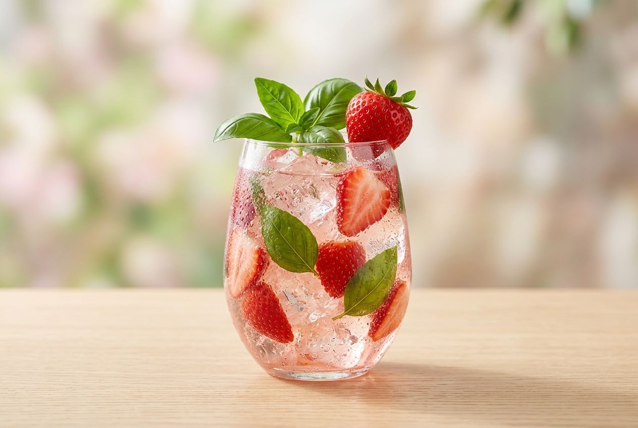 Strawberry basil spritz in a stemless glass recipe from Greensboro ABC