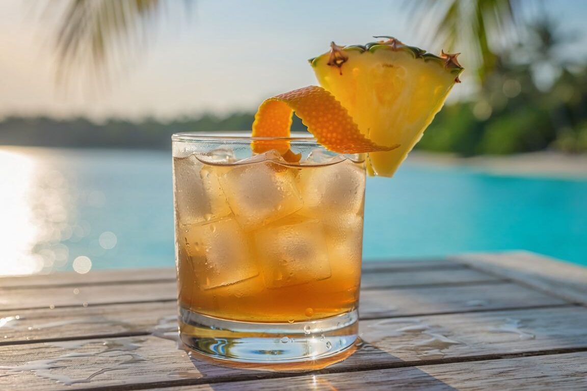 Rocks glass filled with tropical rum old fashioned recipe by Greensboro ABC