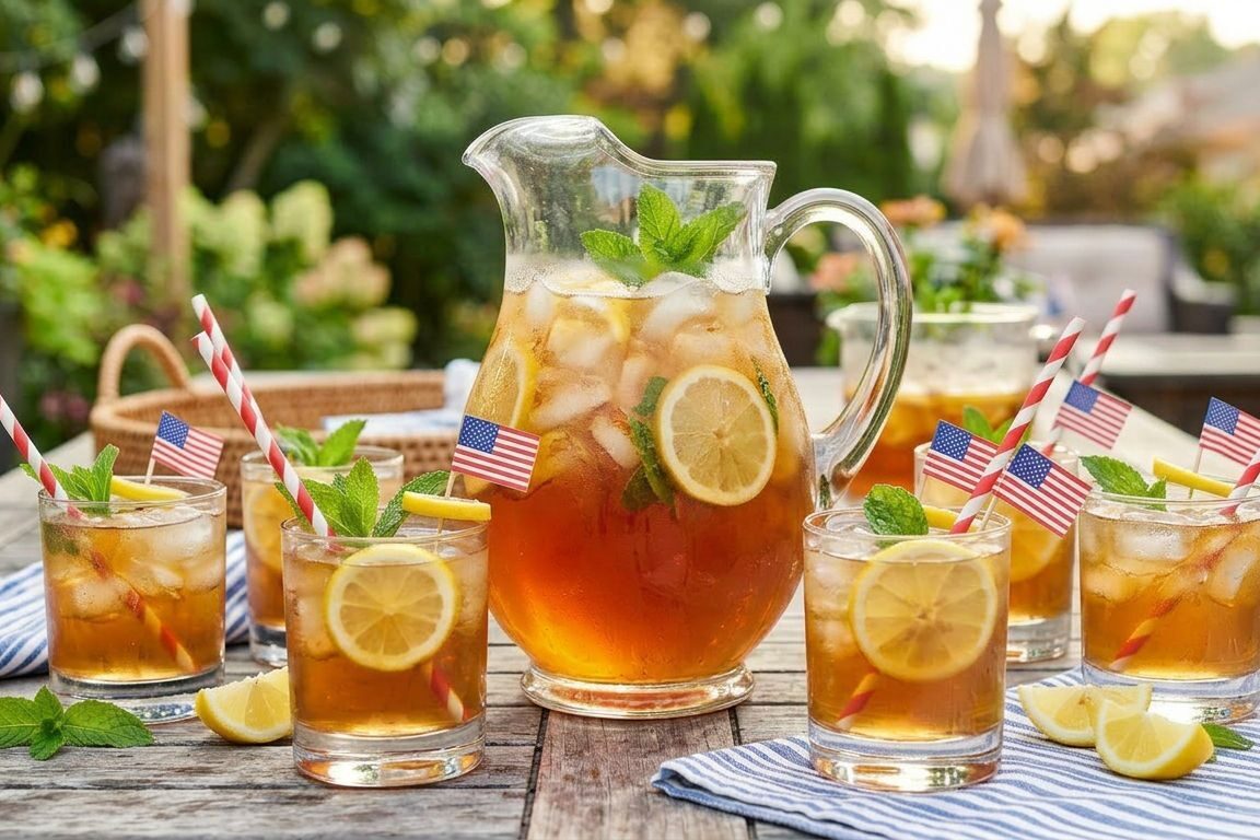 Pitcher of bourbon tea punch with lemon slices and mint, served over ice in glasses.