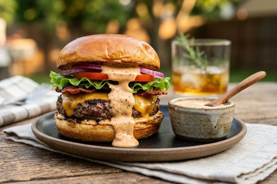 A juicy grilled cheeseburger topped with bourbon burger sauce, lettuce, tomato, and onion on a toasted bun, served alongside a small bowl of creamy bourbon sauce.