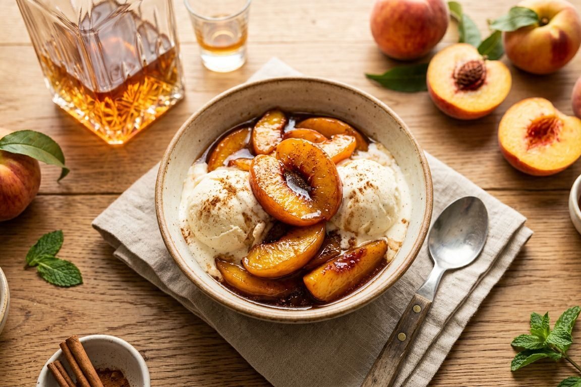Warm bourbon peaches served over a scoop of melting vanilla ice cream in a white bowl, topped with cinnamon.