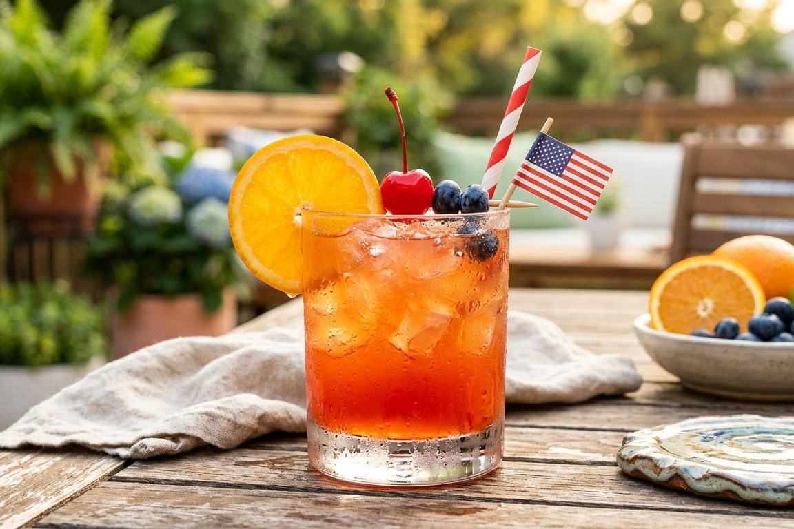 Rum cocktail with orange, lime, and grenadine served over ice with orange and berry garnish.