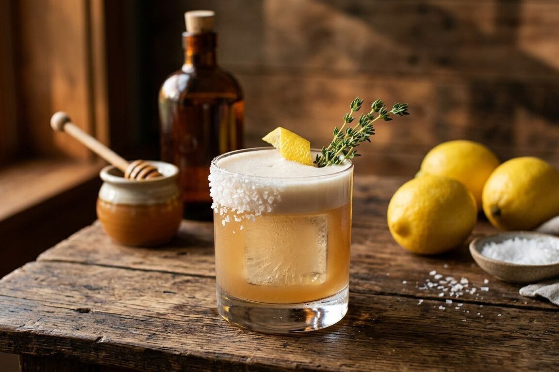 rocks glass filled with salted honey bourbon sour recipe from Greensboro ABC